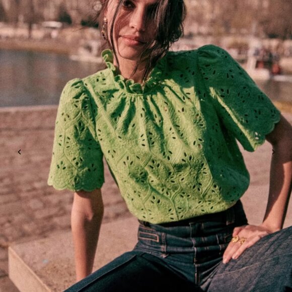 Sezane Louisah Blouse - Sz. 40 (US 8), Bright Green Eyelet S/Slv Blouse - Picture 2 of 7